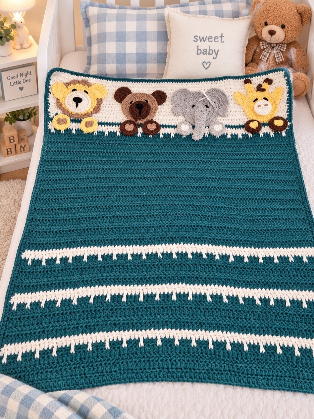 Source Unknown Teal Baby Crochet Blanket with Animal Appliques